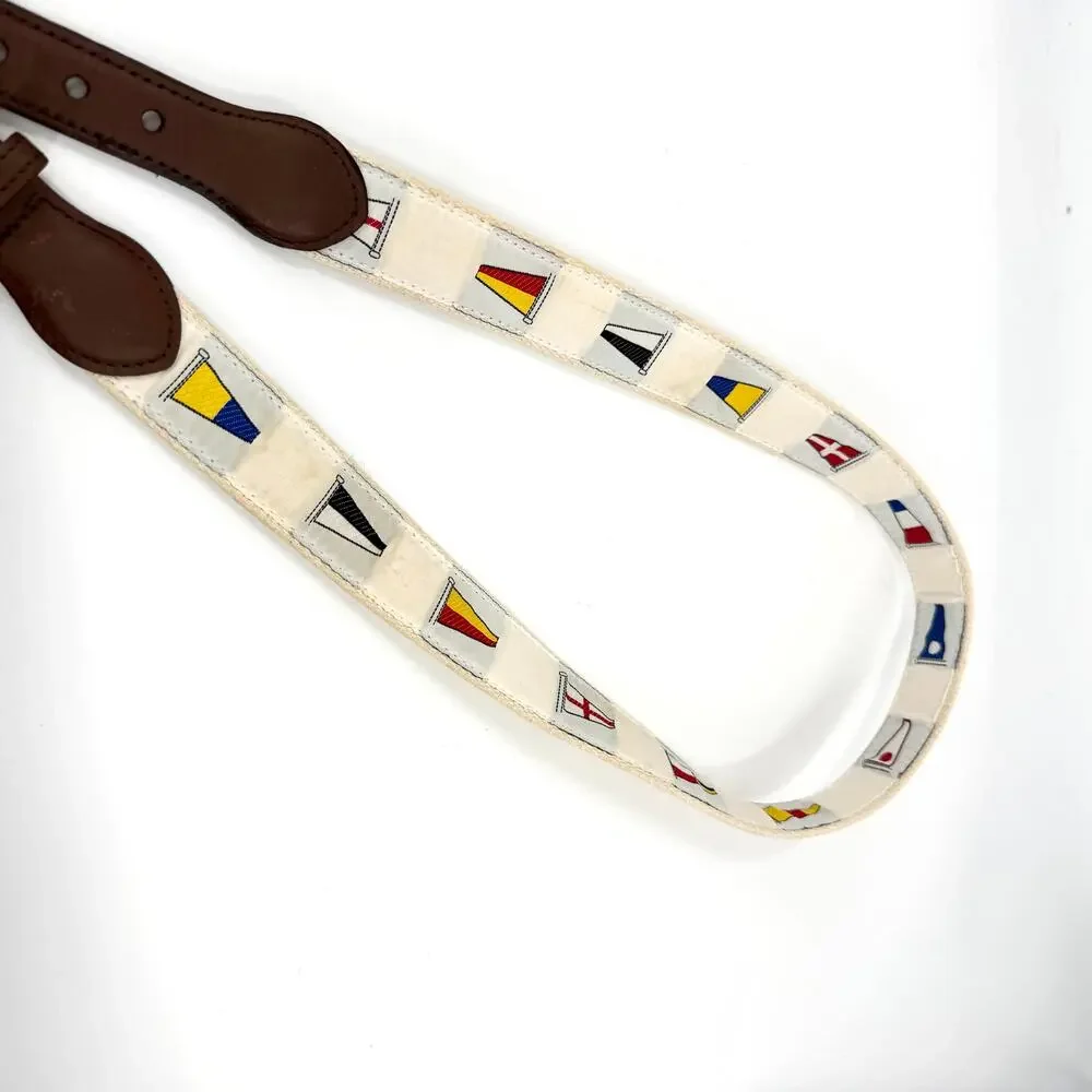 Vintage 90s White Woven Nautical Signal Flag Canvas Leather Trim Belt